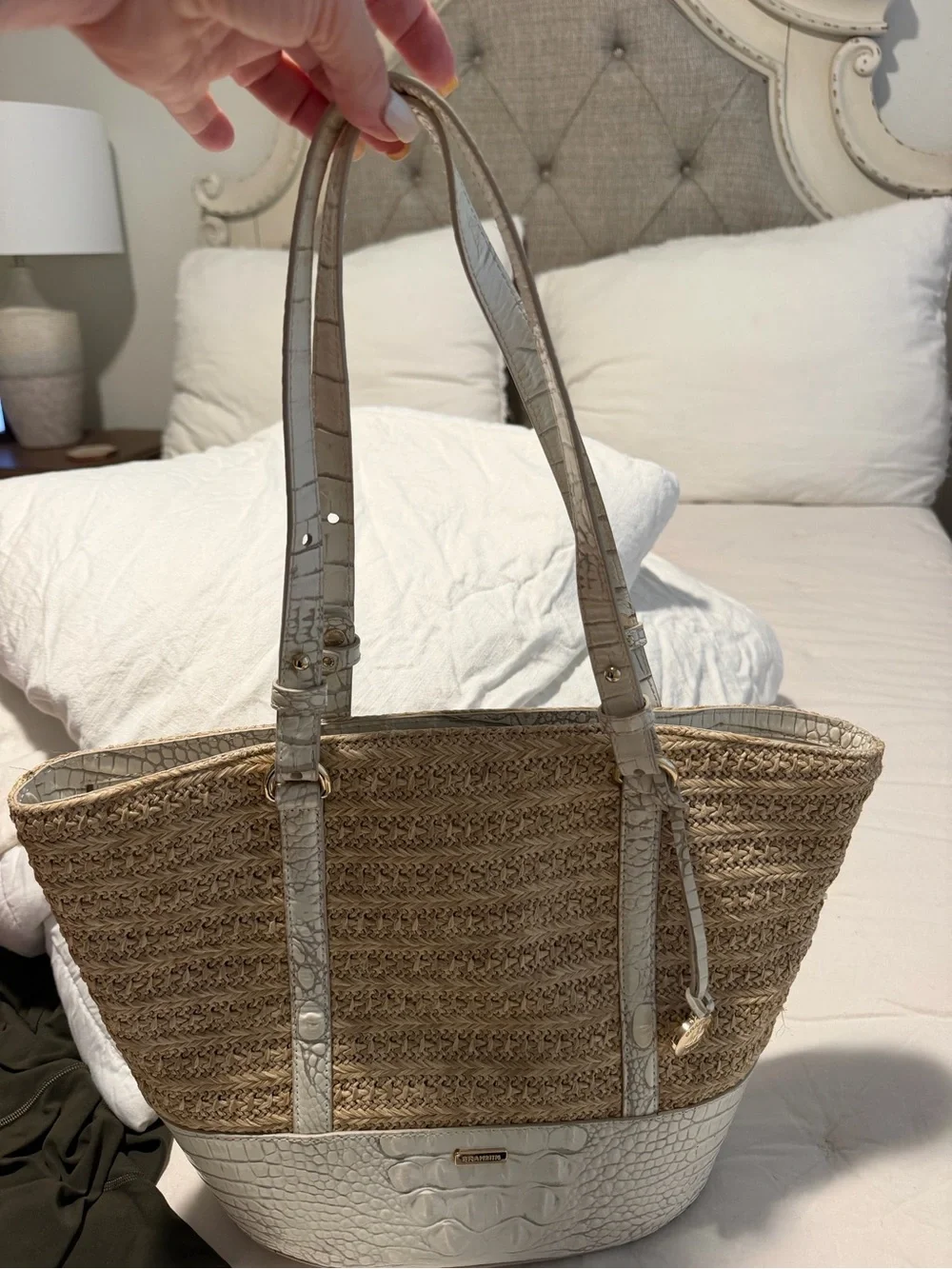 Brahmin Neutral Straw Tote Bag with White Croc Trim